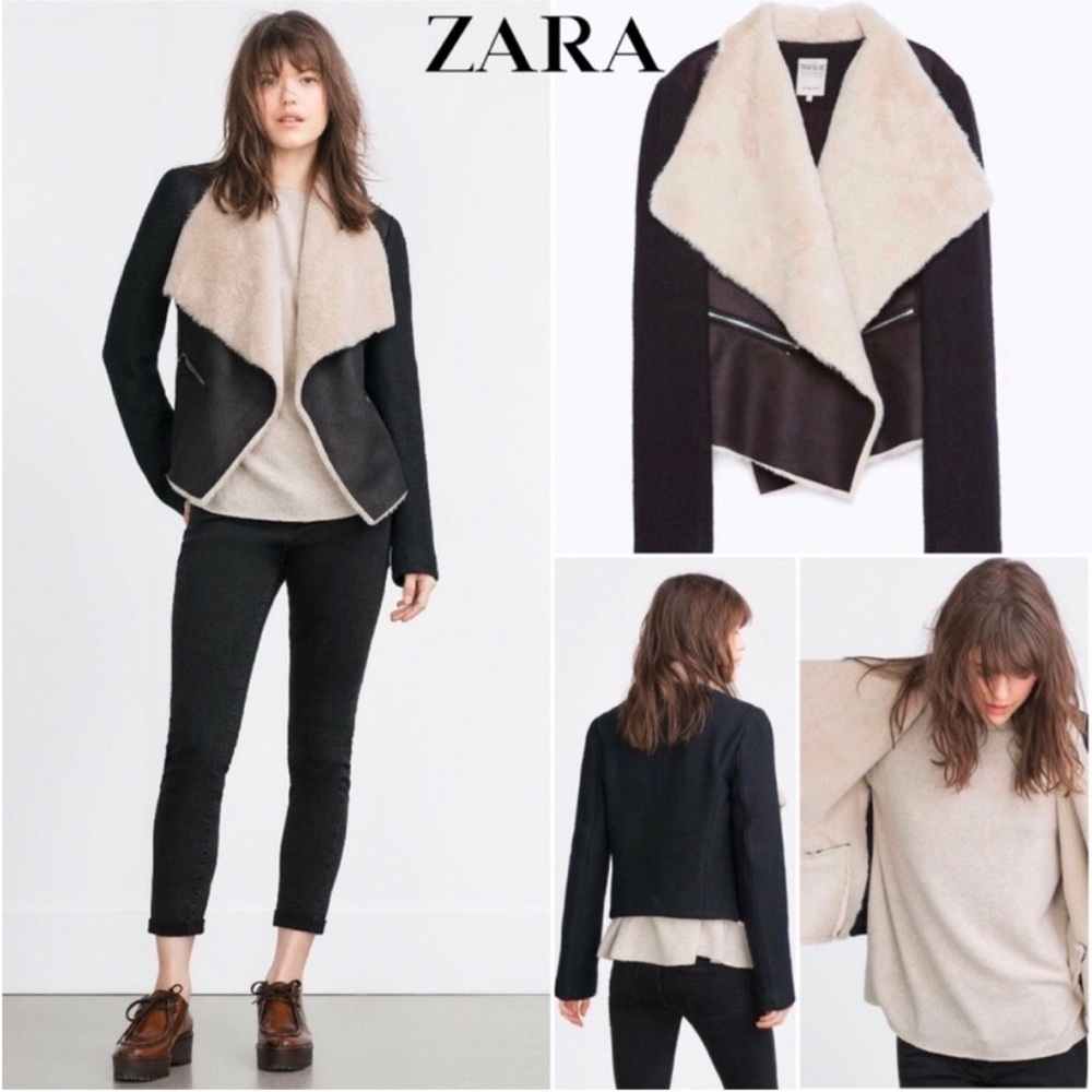 Zara TRF Faux Sherpa Shearling Black Moto Jacket
